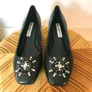 New Karl Lagerfeld Paris Women's Halina Leather Rhinestone Detail Pump Black 8.